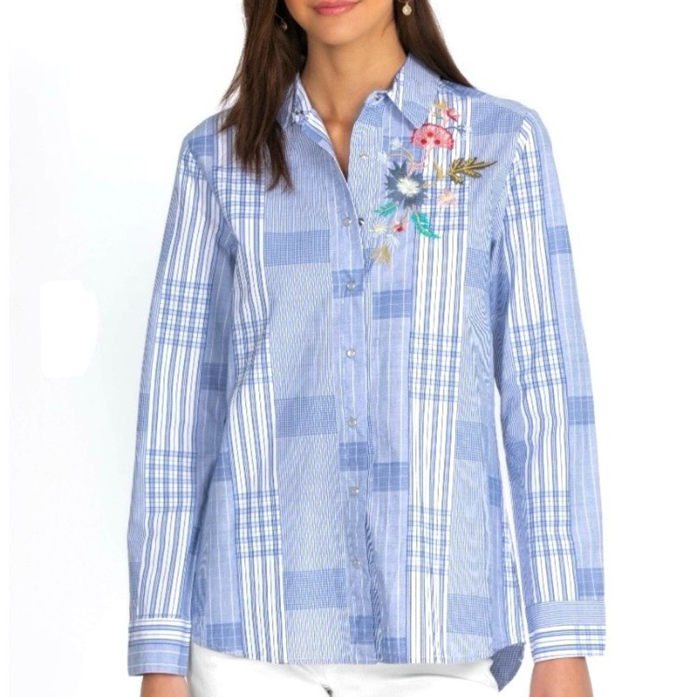 Johnny Was Zanzibar Button Down Shirt Floral Bird Embroidery Plaid Snaps Size XS - Picture 3 of 15